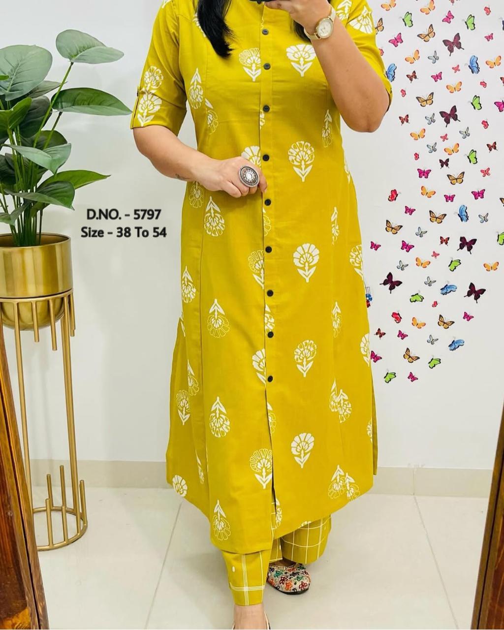 Pure Cotton Cambric Block Printed A-Line Kurti & Pant Set