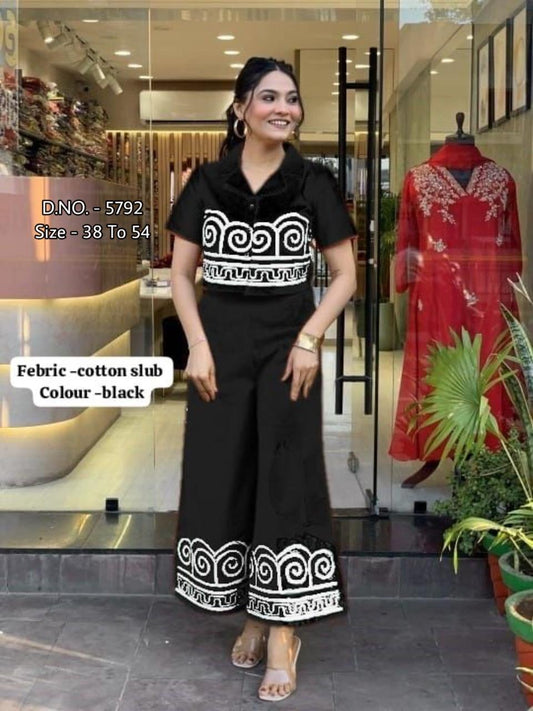 Heavy Cotton Slub/Flex (Khadi) Hand Aari Embroidered Short Shirt & Palazzo Co-ord Set