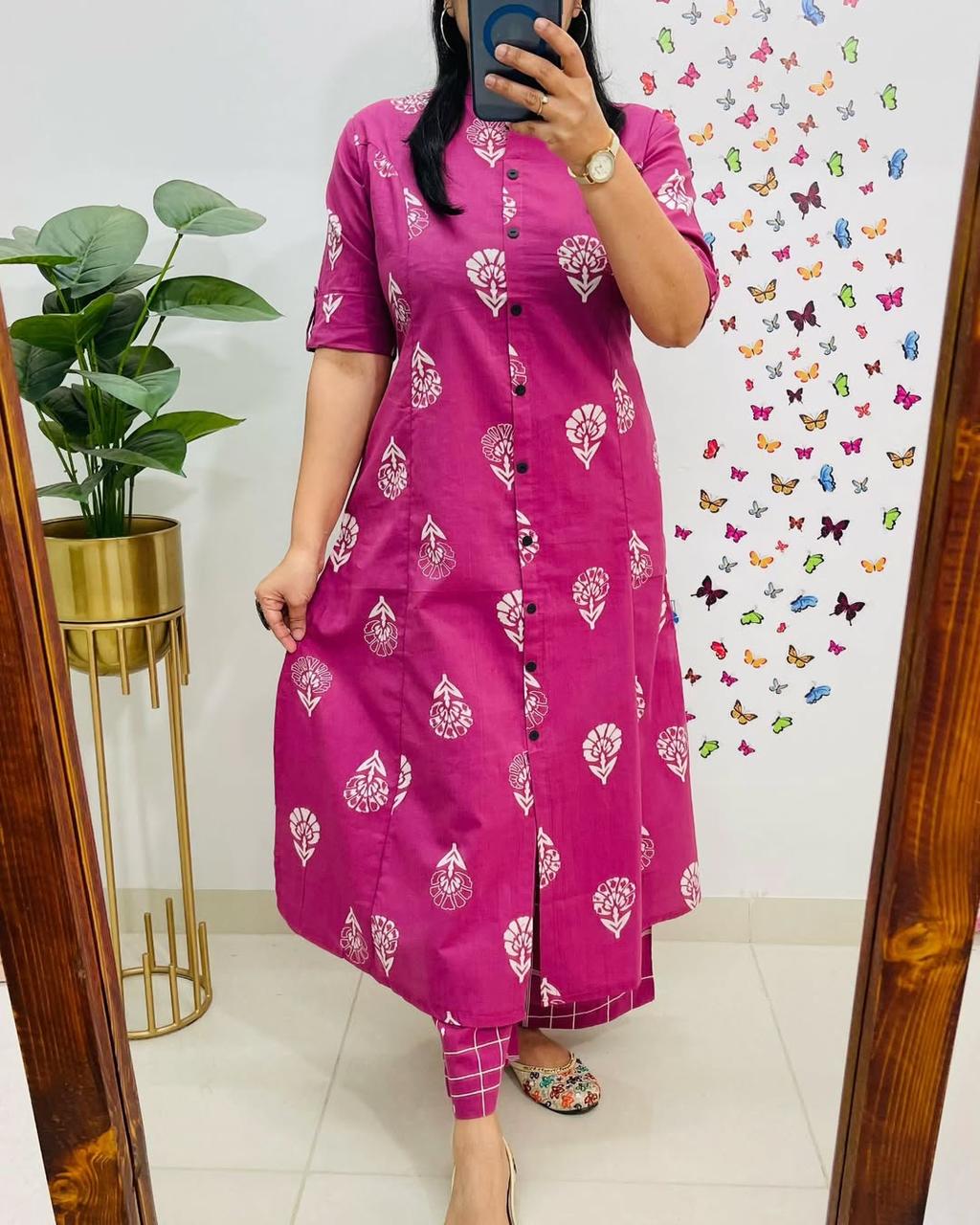 Pure Cotton Cambric Block Printed A-Line Kurti & Pant Set