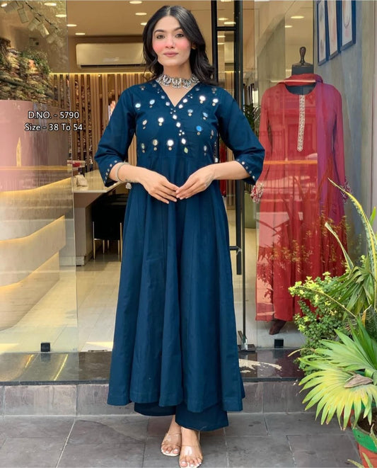 Heavy Rayon Floor-Length Gown Kurti Set with Aari Work