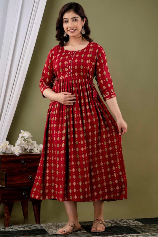 Red Printed Maternity Gown in Soft Rayon Fabric