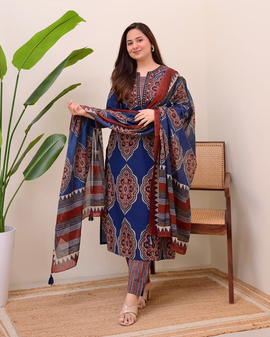 Premium Malmal Cotton Suit Set with Heavy Hand Embroidery