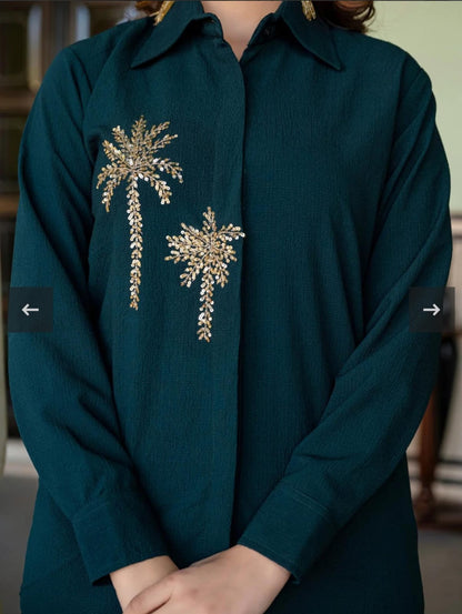 Premium Cotton Slub Hand-Embroidered Kurti with Pant – 2 Piece Coord Set