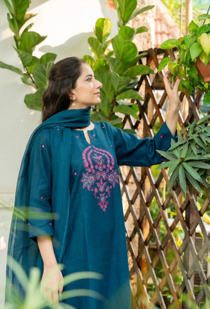 Premium A-Line Cotton Slub Kurta Set with Floral Embroidery & Dupatta