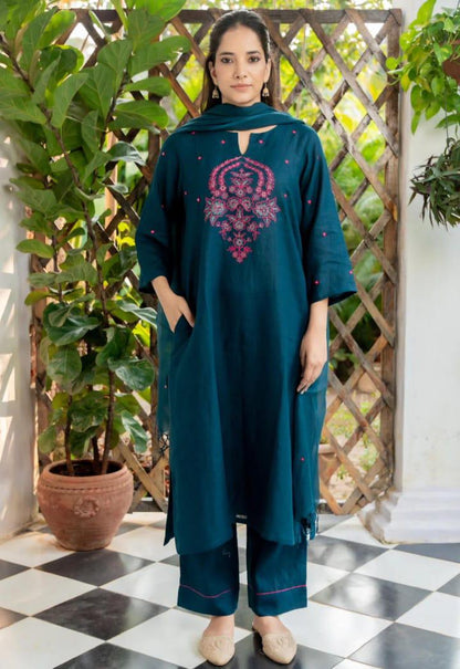 Premium A-Line Cotton Slub Kurta Set with Floral Embroidery & Dupatta