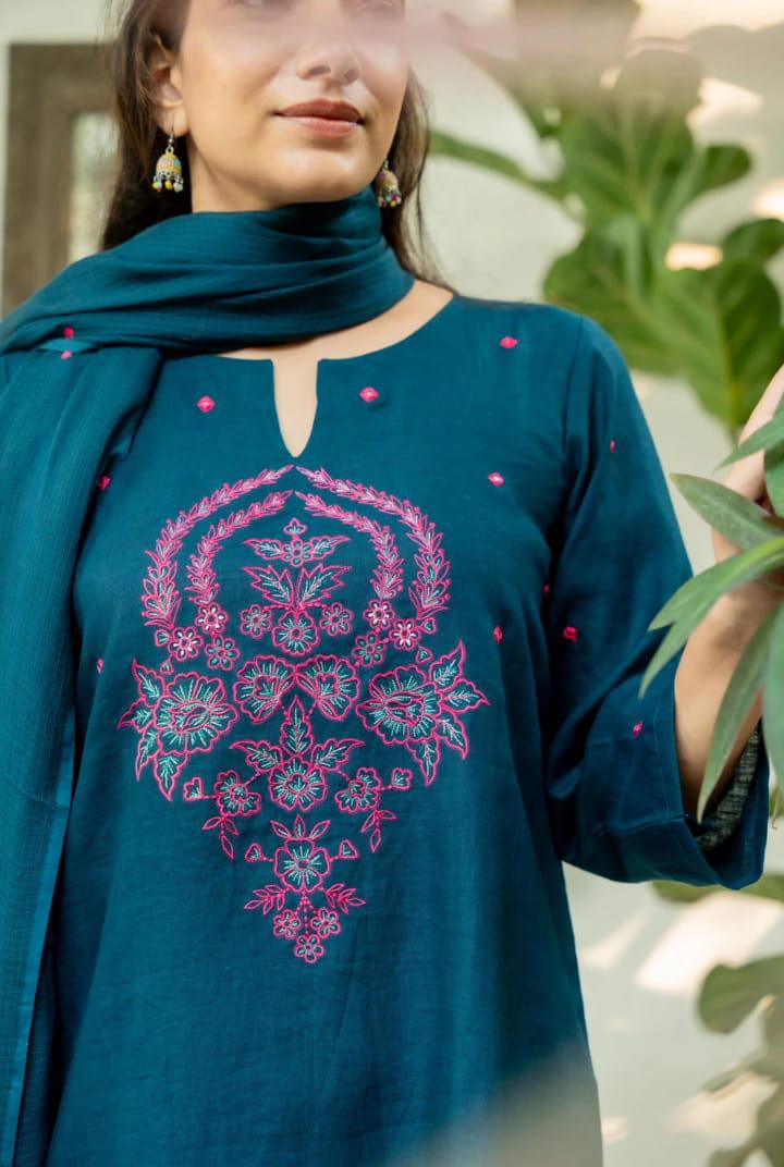 Premium A-Line Cotton Slub Kurta Set with Floral Embroidery & Dupatta