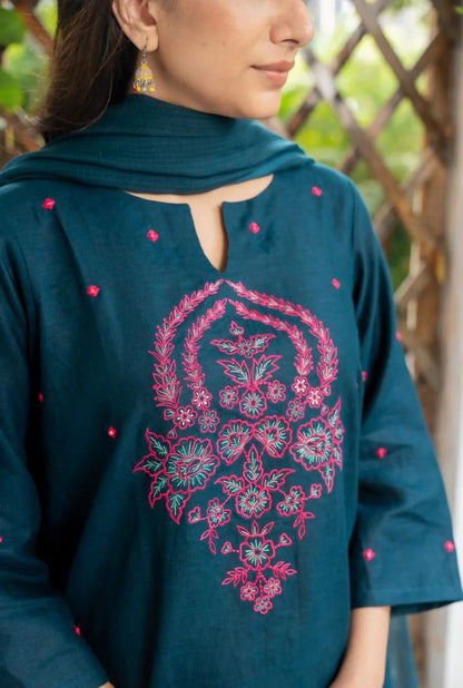 Premium A-Line Cotton Slub Kurta Set with Floral Embroidery & Dupatta