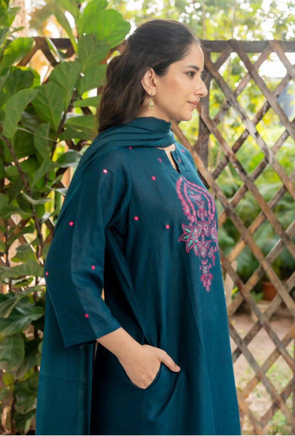 Premium A-Line Cotton Slub Kurta Set with Floral Embroidery & Dupatta