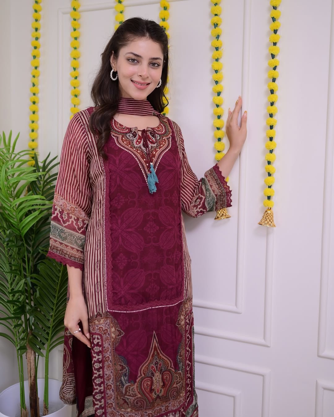 Maroon Rajhans Muslin Suit with Digital Print & Hand Embroidery