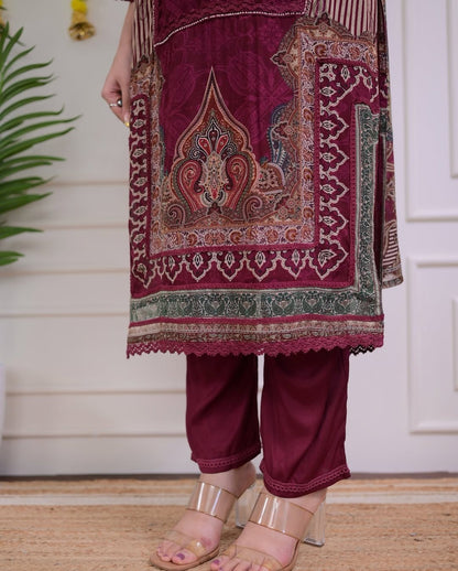 Maroon Rajhans Muslin Suit with Digital Print & Hand Embroidery