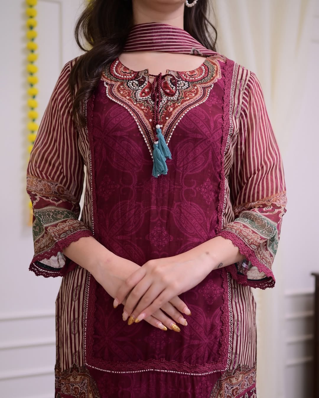 Maroon Rajhans Muslin Suit with Digital Print & Hand Embroidery