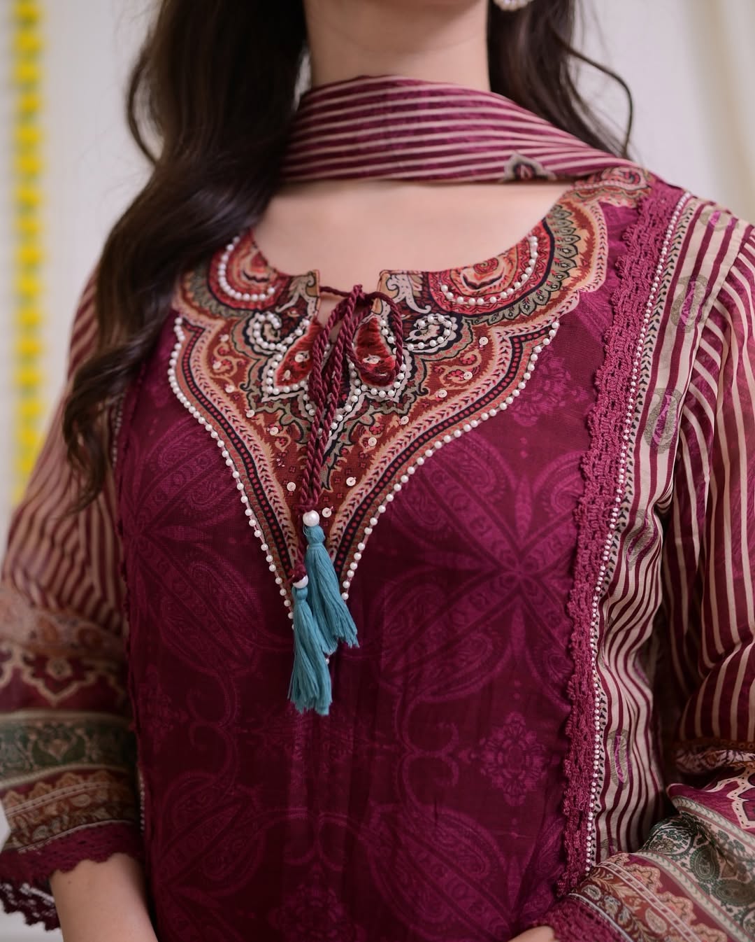Maroon Rajhans Muslin Suit with Digital Print & Hand Embroidery