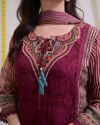 Maroon Rajhans Muslin Suit with Digital Print & Hand Embroidery