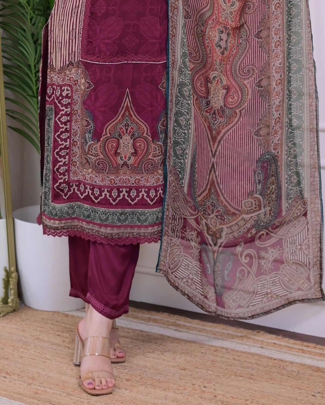 Maroon Rajhans Muslin Suit with Digital Print & Hand Embroidery