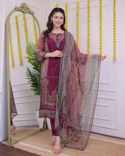Maroon Rajhans Muslin Suit with Digital Print & Hand Embroidery
