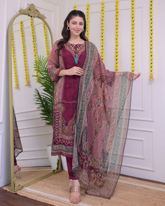 Maroon Rajhans Muslin Suit with Digital Print & Hand Embroidery