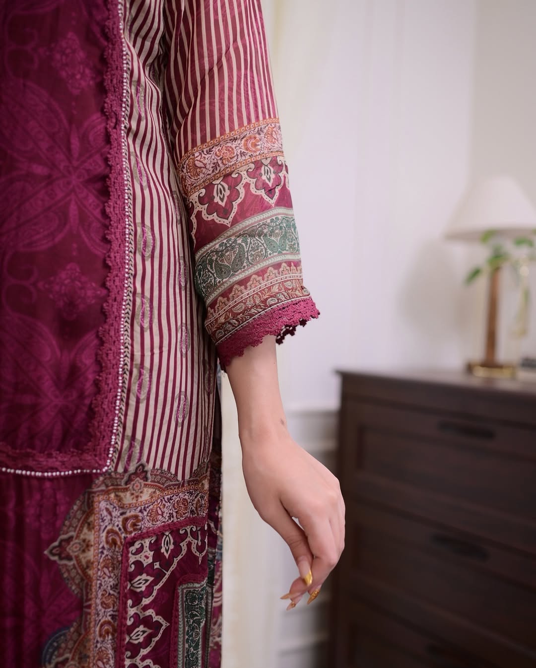 Maroon Rajhans Muslin Suit with Digital Print & Hand Embroidery