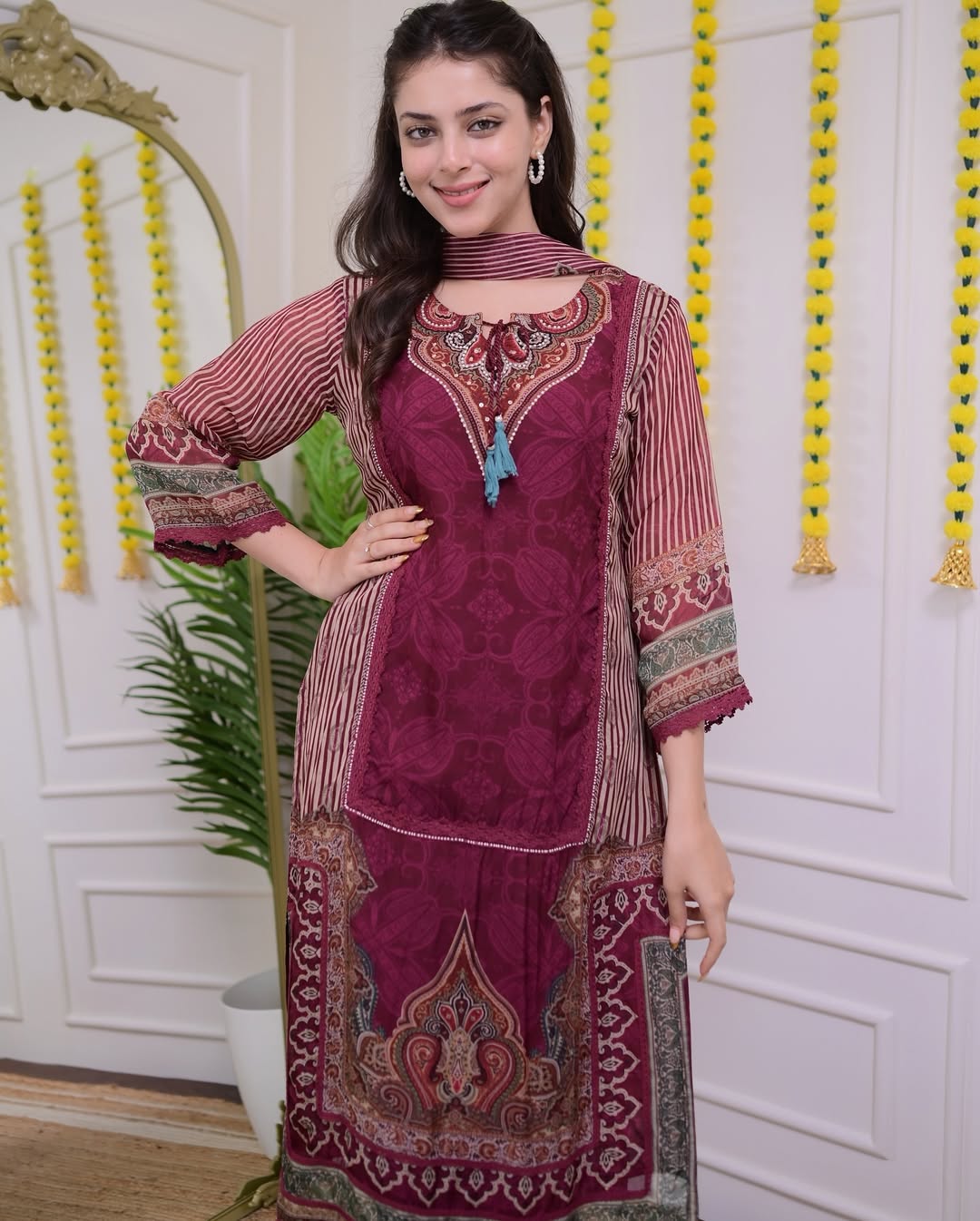 Maroon Rajhans Muslin Suit with Digital Print & Hand Embroidery