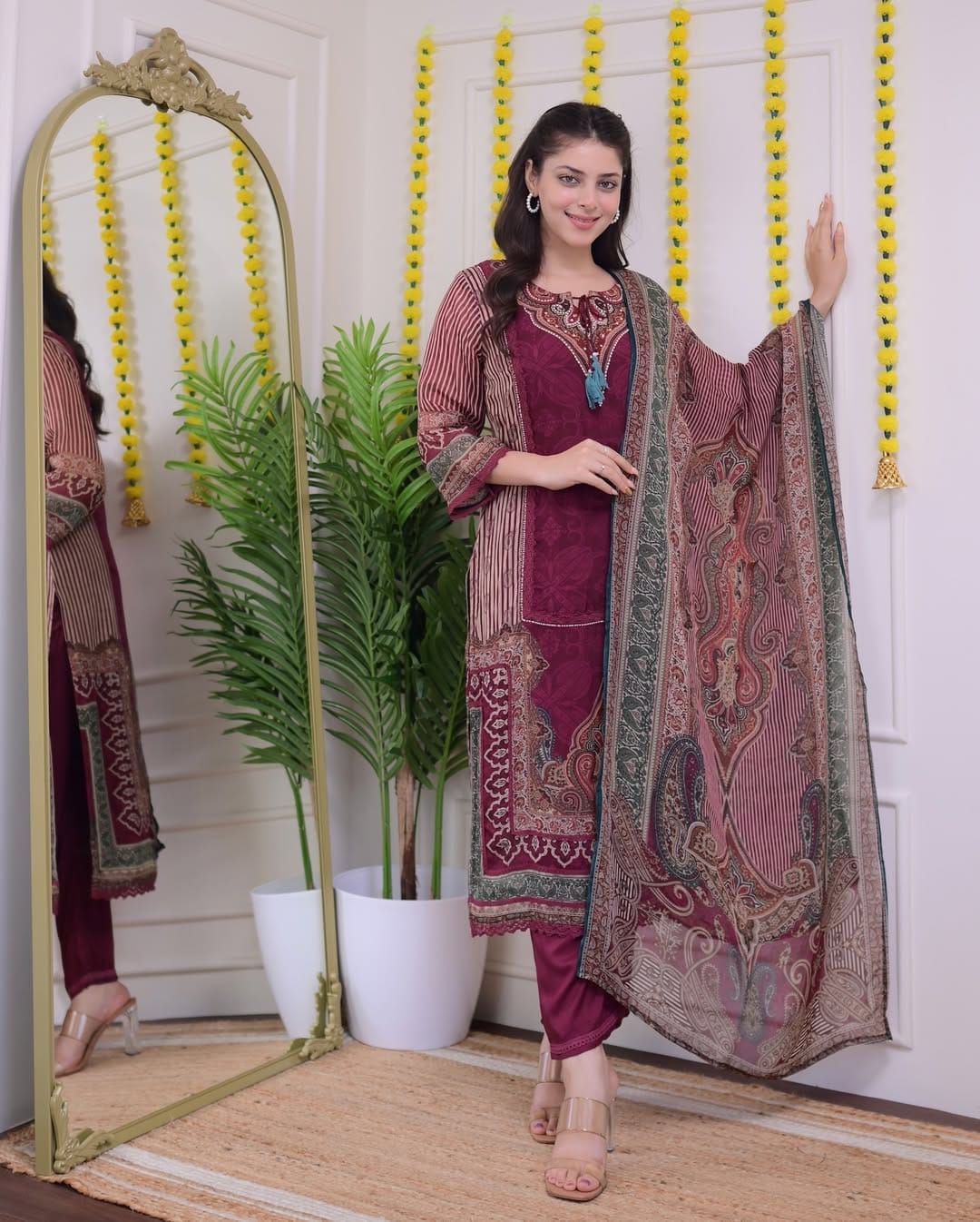 Maroon Rajhans Muslin Suit with Digital Print & Hand Embroidery