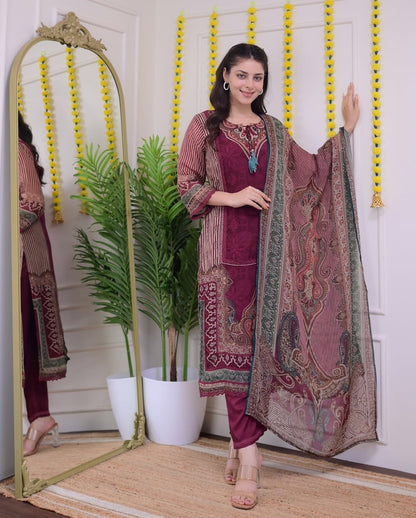 Maroon Rajhans Muslin Suit with Digital Print & Hand Embroidery