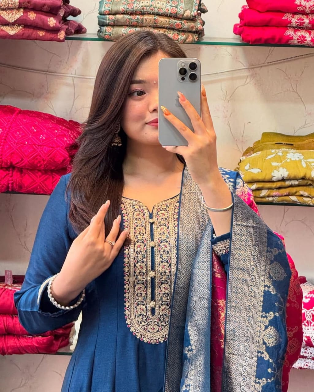 Jashn-E-Noor Banana Silk Anarkali Flared Kurti Pant Dupatta Set with Golden Zari Work