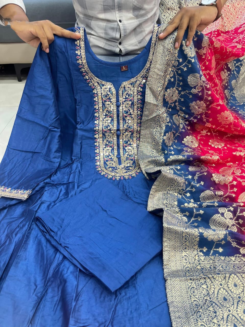 Jashn-E-Noor Banana Silk Anarkali Flared Kurti Pant Dupatta Set with Golden Zari Work