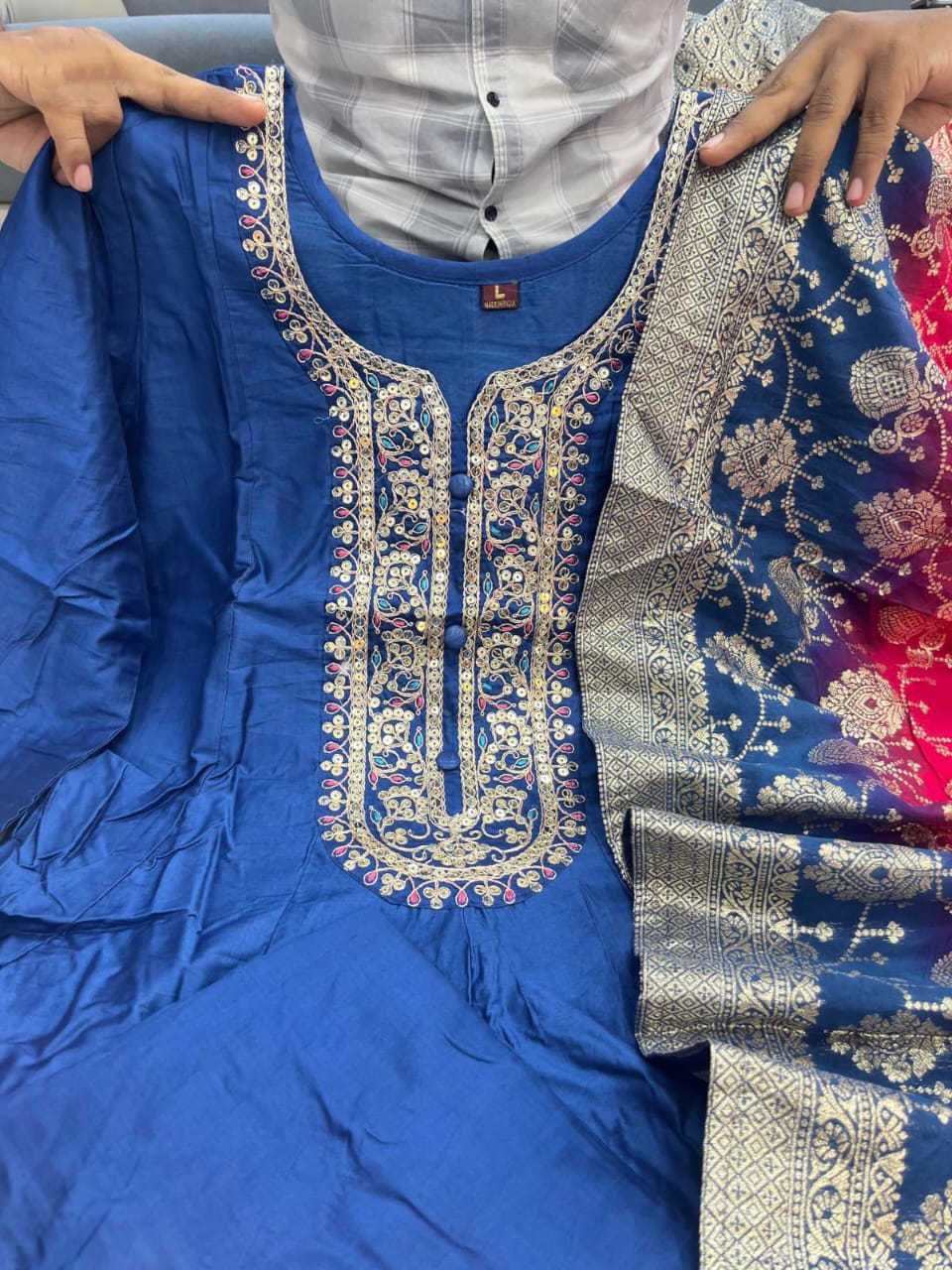 Jashn-E-Noor Banana Silk Anarkali Flared Kurti Pant Dupatta Set with Golden Zari Work