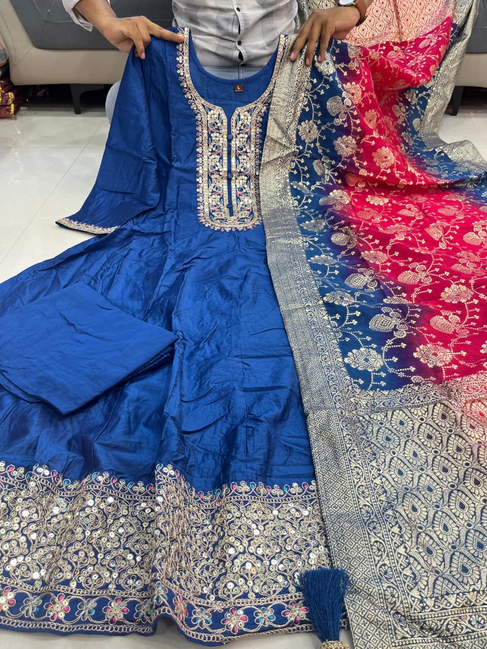 Jashn-E-Noor Banana Silk Anarkali Flared Kurti Pant Dupatta Set with Golden Zari Work