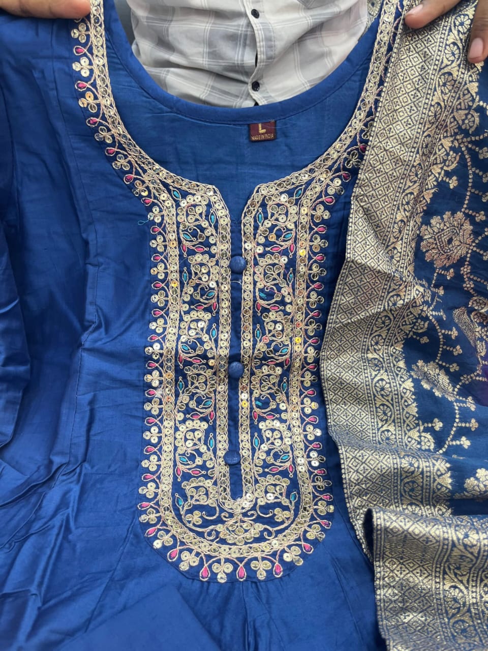 Jashn-E-Noor Banana Silk Anarkali Flared Kurti Pant Dupatta Set with Golden Zari Work