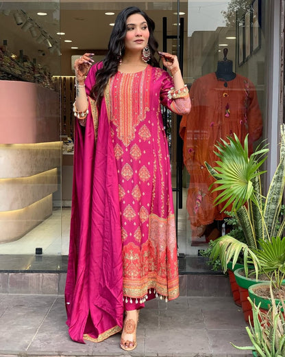 Reshmi Pink Diamond Silk Suit Set with Schiffli Handwork & Cotton Dupatta