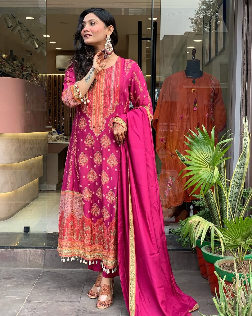 Reshmi Pink Diamond Silk Suit Set with Schiffli Handwork & Cotton Dupatta