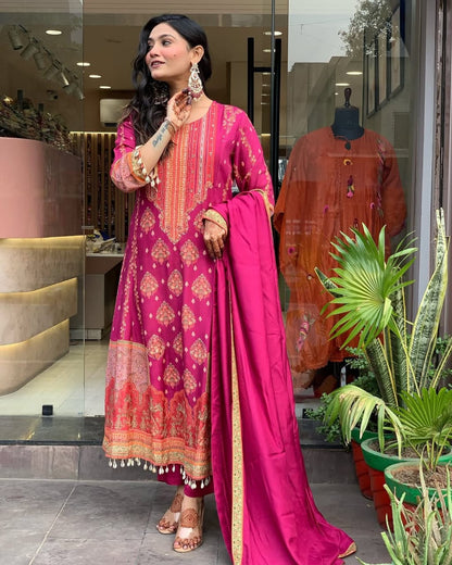 Reshmi Pink Diamond Silk Suit Set with Schiffli Handwork & Cotton Dupatta