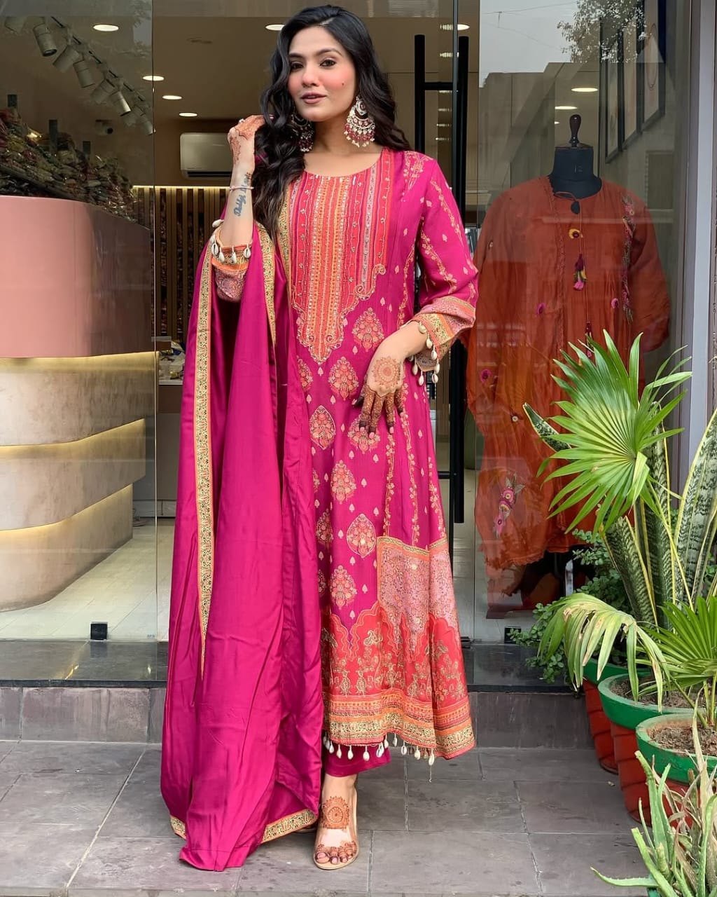 Reshmi Pink Diamond Silk Suit Set with Schiffli Handwork & Cotton Dupatta