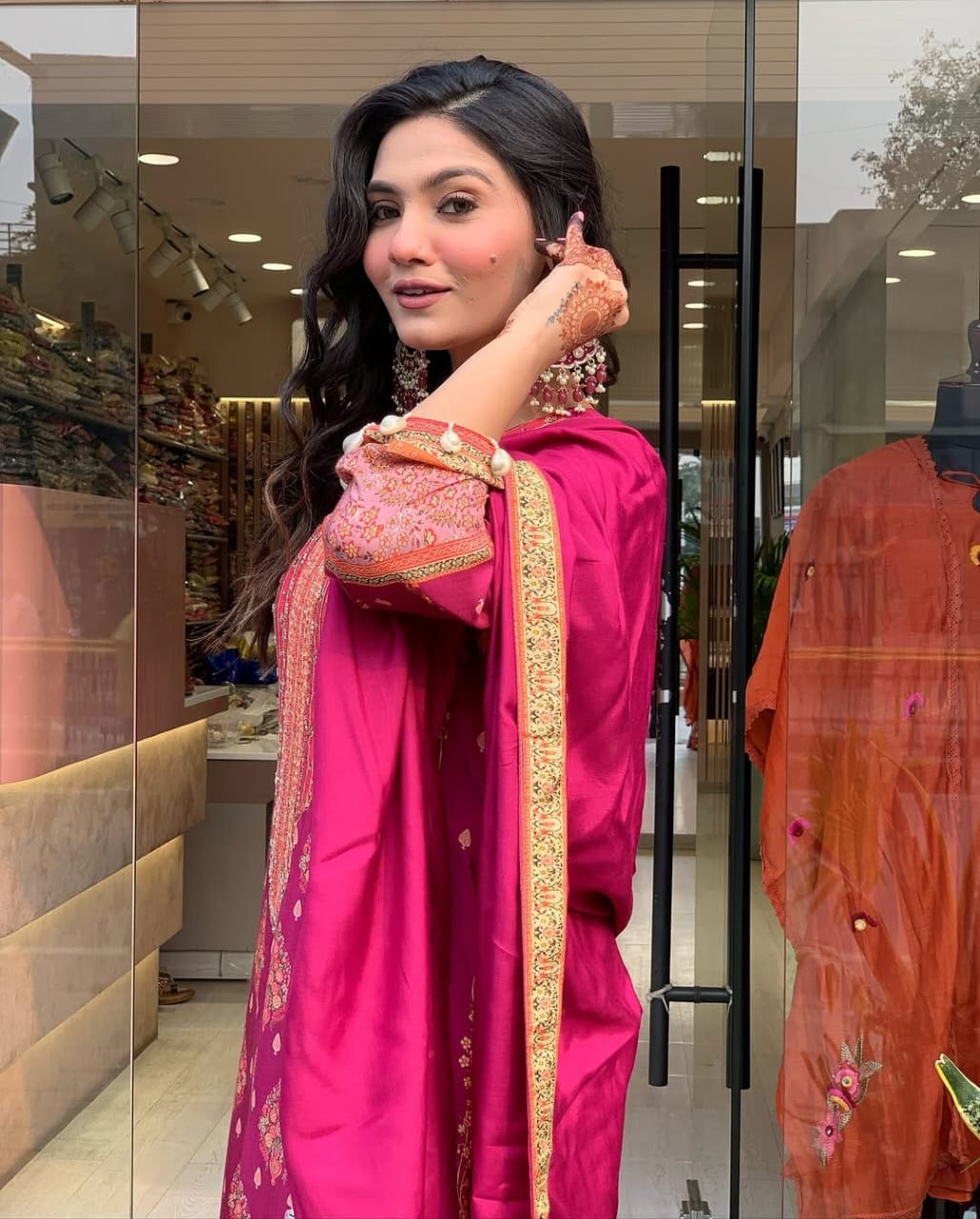 Reshmi Pink Diamond Silk Suit Set with Schiffli Handwork & Cotton Dupatta