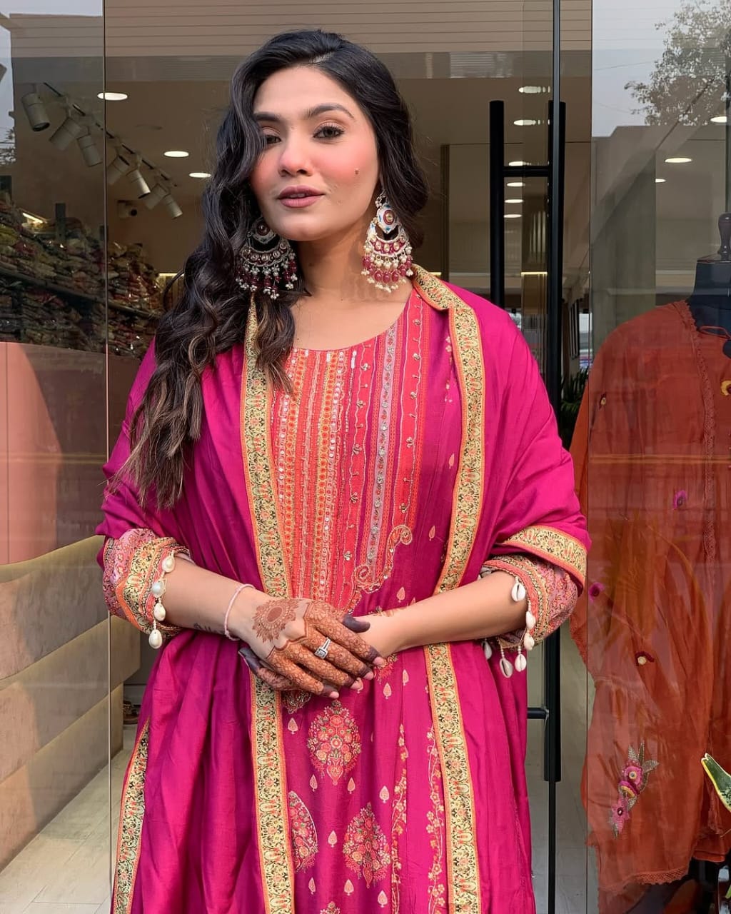 Reshmi Pink Diamond Silk Suit Set with Schiffli Handwork & Cotton Dupatta
