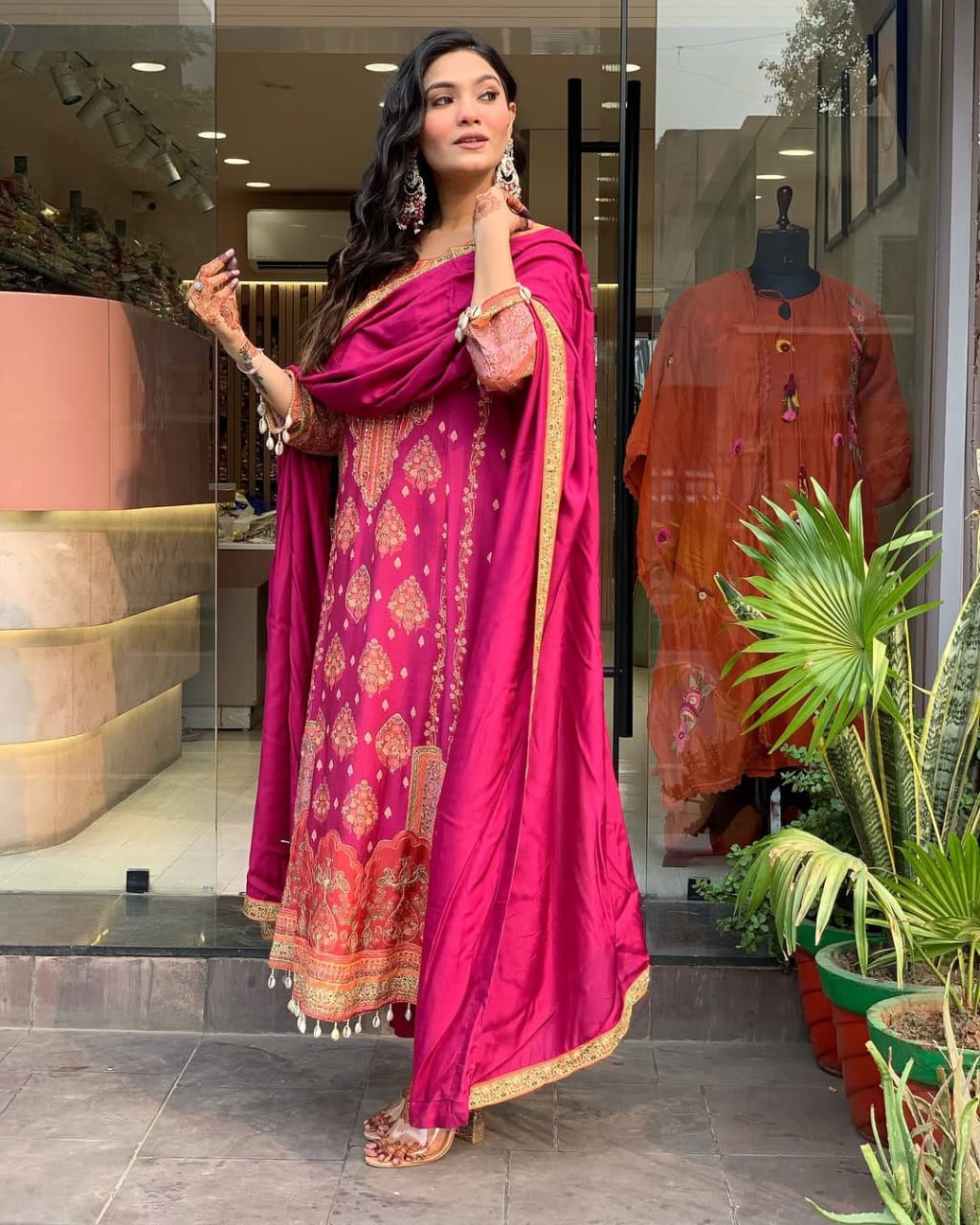 Reshmi Pink Diamond Silk Suit Set with Schiffli Handwork & Cotton Dupatta