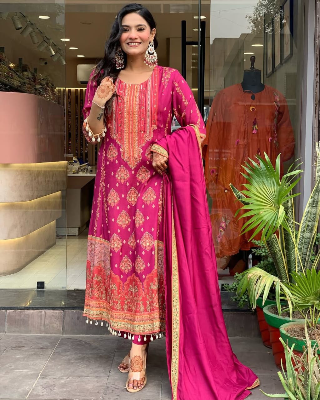 Reshmi Pink Diamond Silk Suit Set with Schiffli Handwork & Cotton Dupatta