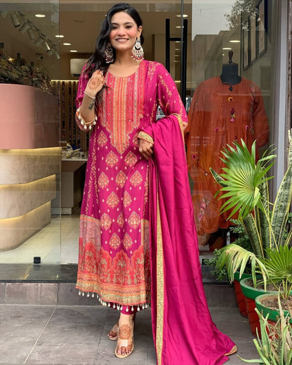 Reshmi Pink Diamond Silk Suit Set with Schiffli Handwork & Cotton Dupatta