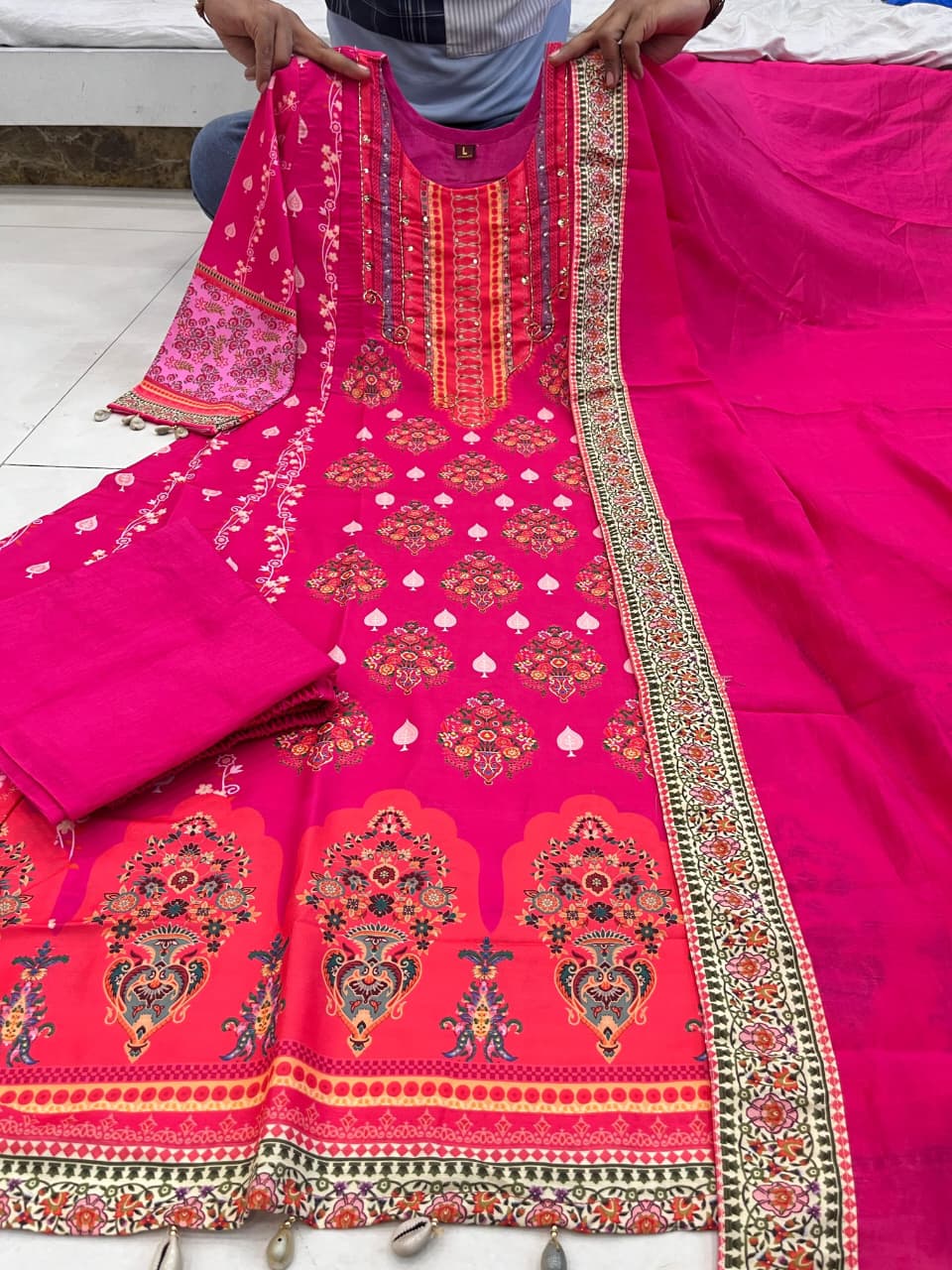 Reshmi Pink Diamond Silk Suit Set with Schiffli Handwork & Cotton Dupatta