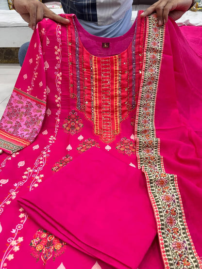 Reshmi Pink Diamond Silk Suit Set with Schiffli Handwork & Cotton Dupatta