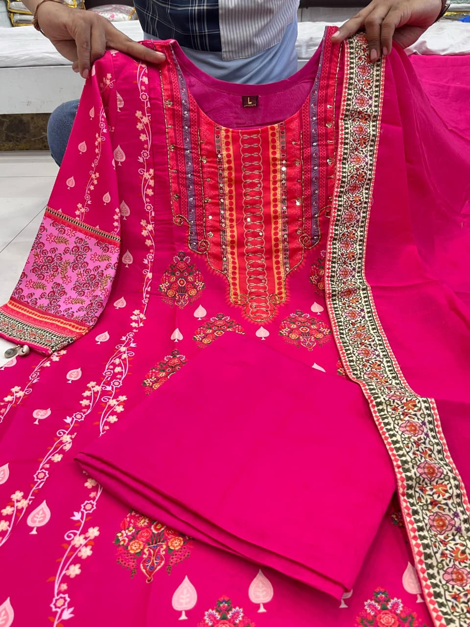 Reshmi Pink Diamond Silk Suit Set with Schiffli Handwork & Cotton Dupatta