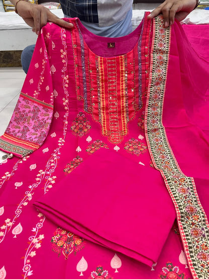 Reshmi Pink Diamond Silk Suit Set with Schiffli Handwork & Cotton Dupatta