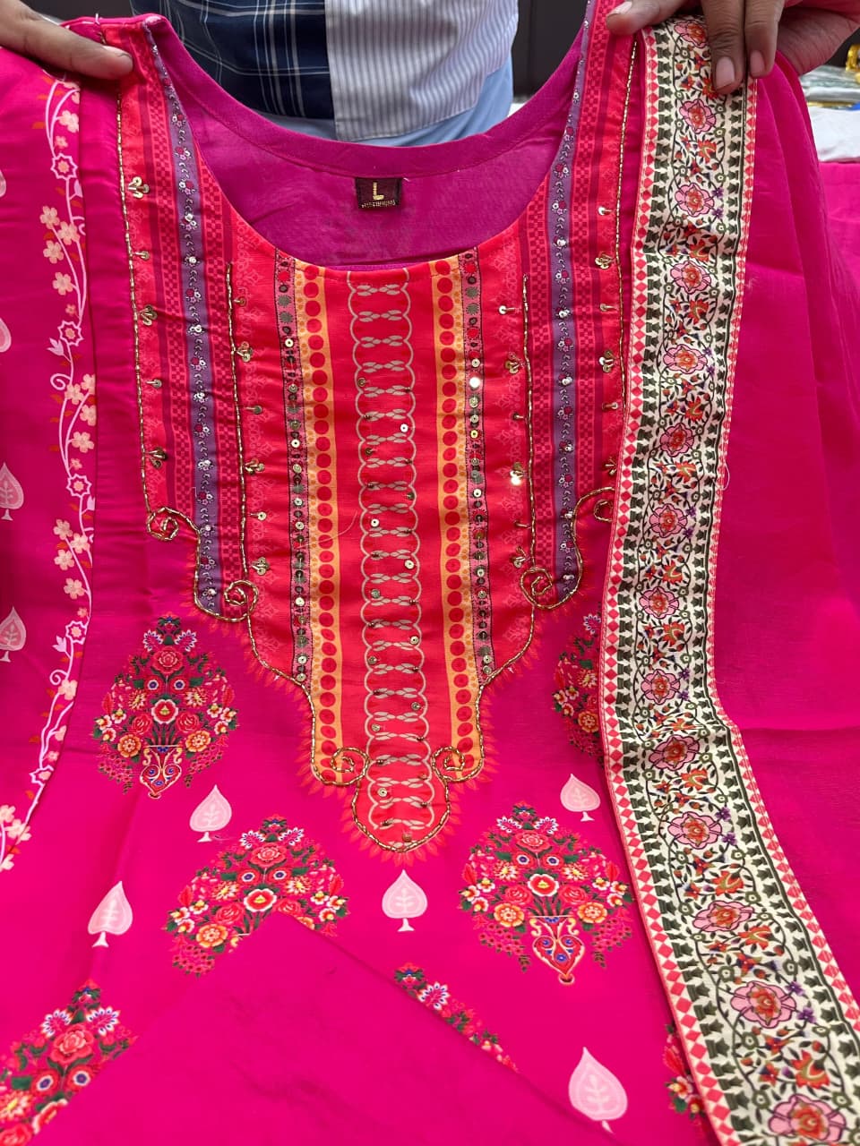 Reshmi Pink Diamond Silk Suit Set with Schiffli Handwork & Cotton Dupatta
