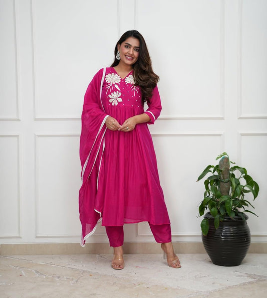 Flaired Cotton Kurta Set with Hand Moti Work and Malmal Dupatta