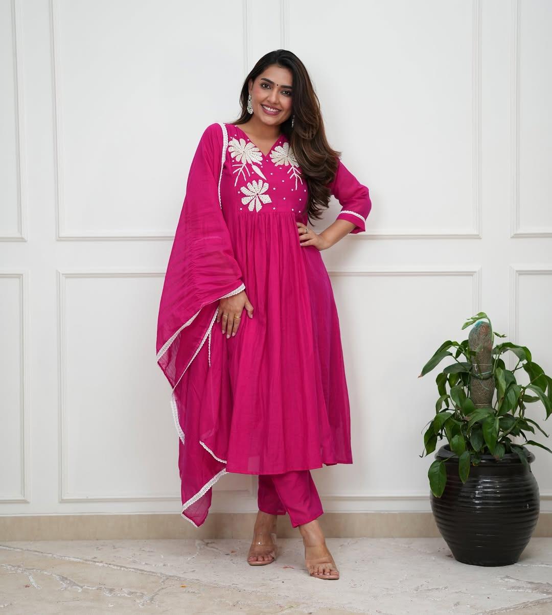 Flaired Cotton Kurta Set with Hand Moti Work and Malmal Dupatta