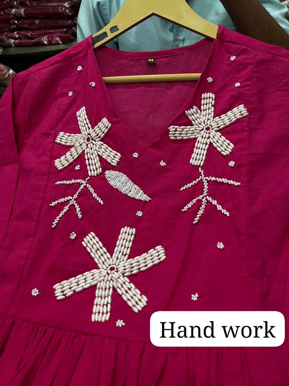 Flaired Cotton Kurta Set with Hand Moti Work and Malmal Dupatta