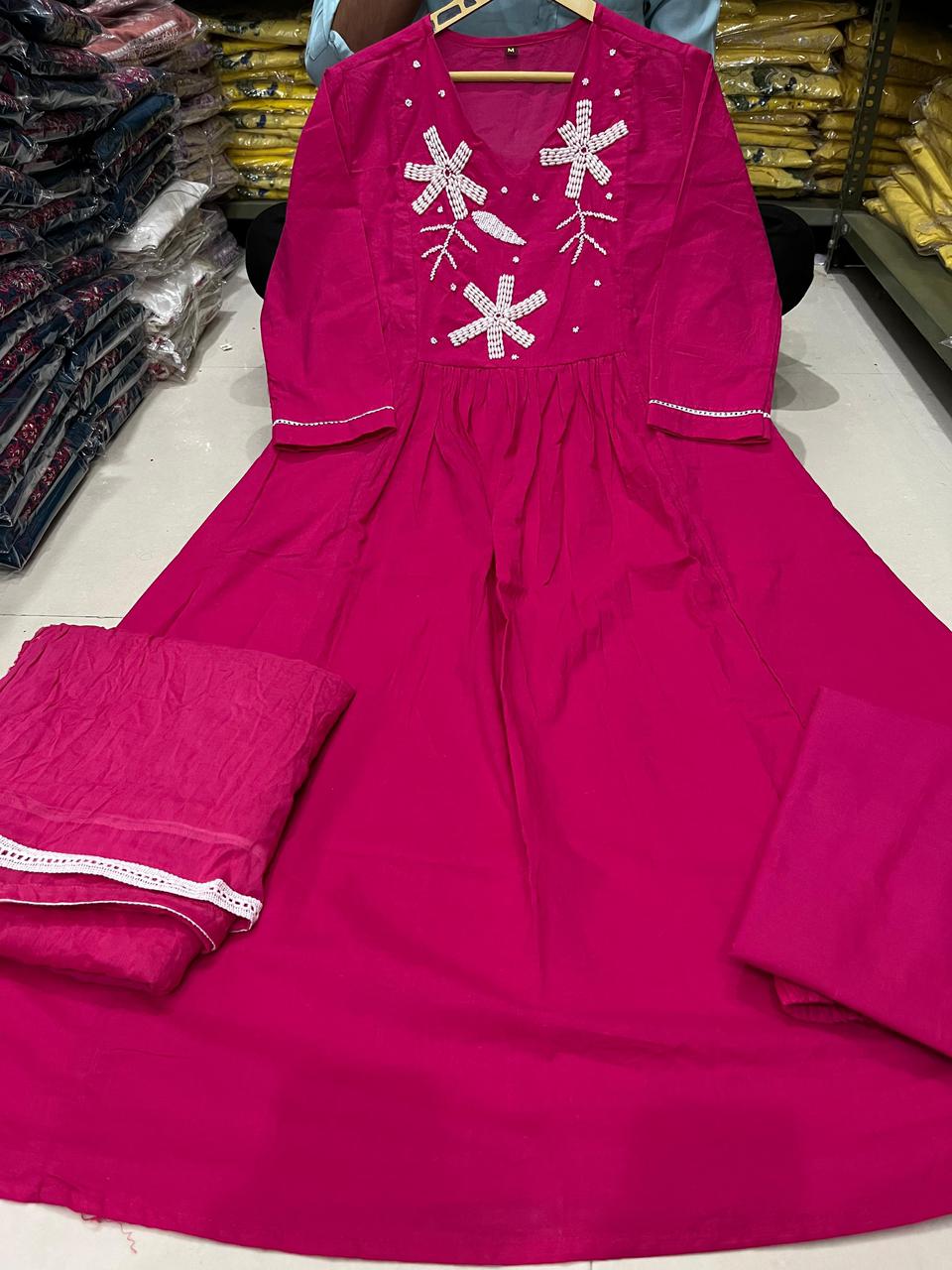 Flaired Cotton Kurta Set with Hand Moti Work and Malmal Dupatta