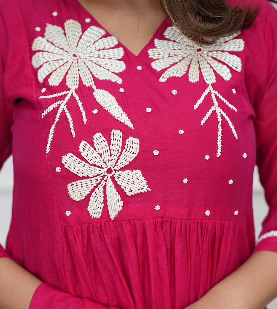 Flaired Cotton Kurta Set with Hand Moti Work and Malmal Dupatta