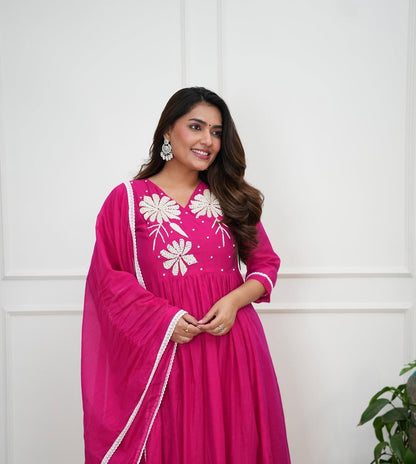 Flaired Cotton Kurta Set with Hand Moti Work and Malmal Dupatta