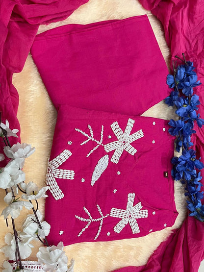 Flaired Cotton Kurta Set with Hand Moti Work and Malmal Dupatta